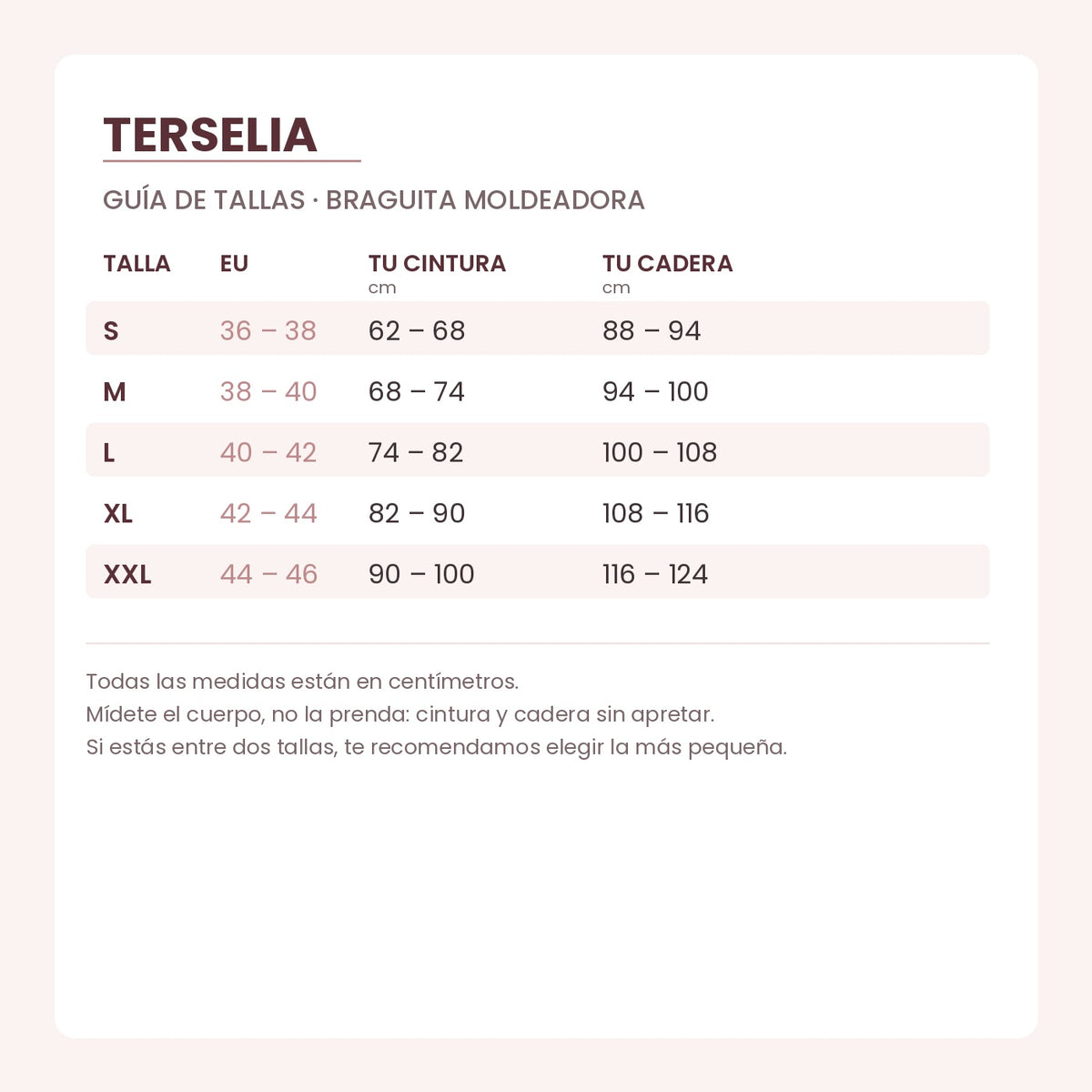 Guía de tallas de Braguita moldeadora