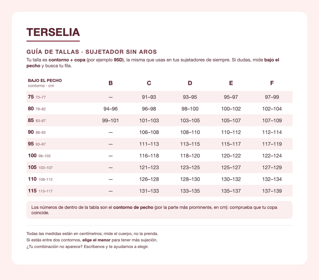 Tabla de tallas del sujetador sin aros de Terselia